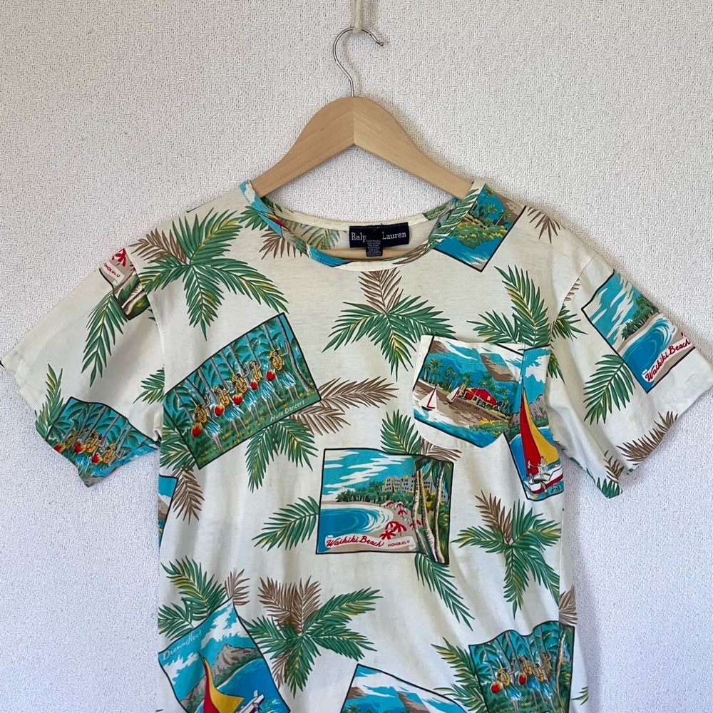 Vintage 80s 90s Ralph Lauren AOP Hawaiian Tropical Postcard Shirt Size M Summer
